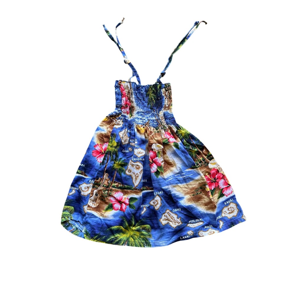 RJC Girls Blue Hawaiian Island Map Print Smocked Halter Sundress Made in Hawaii